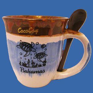 Rich CocoBay Bahamas scenic blue white 14 oz mug w/ chocolate brown stir spoon h